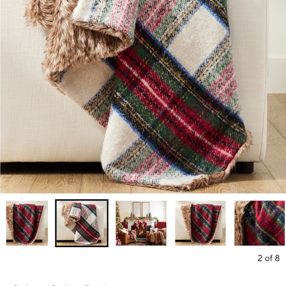 Pottery Barn Stewart Plaid Throw Ivory with Faux Fur In great condition SOLD OUT - Picture 1 of 2
